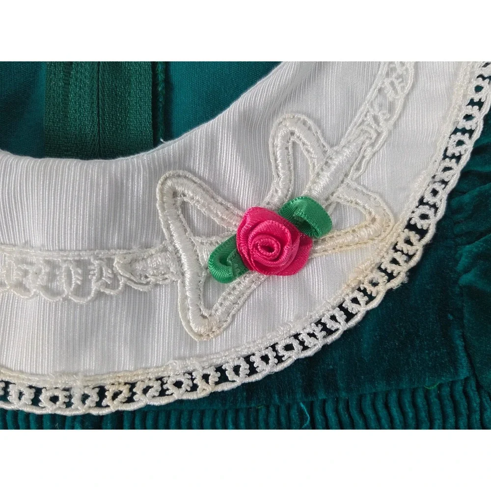 Vintage Green Velvet Baby Bubble Romper Lace Collar Floral Smocking 6 Mos